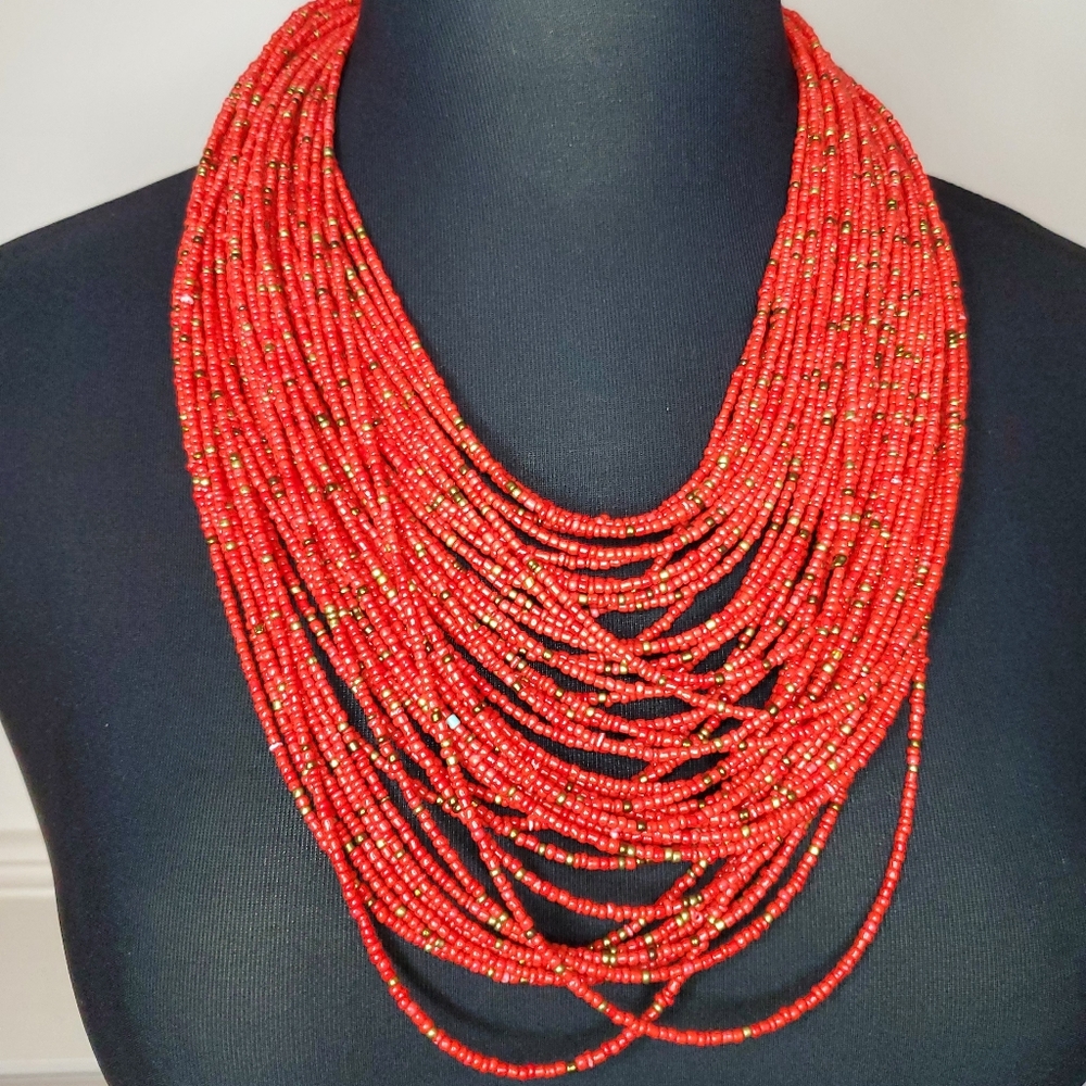 Multi Length Red Beaded Neckace And Bracelet - image 2